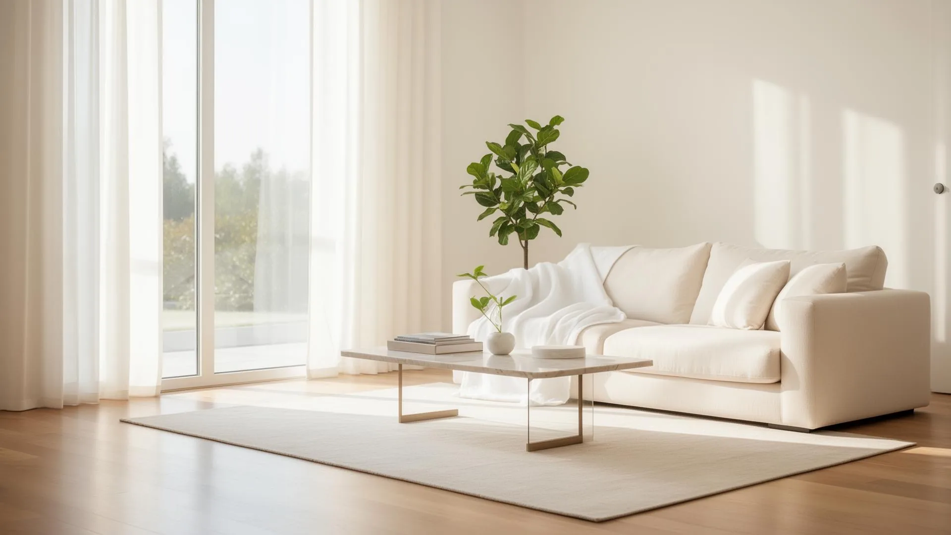 Sunlit, immaculately clean modern living room